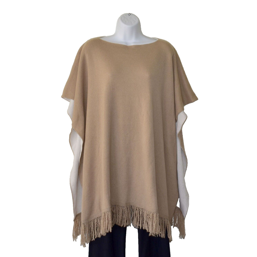 D0 Auth AGNONA Camel/Neutral Cashmere Knit Fringe Boat Neck Poncho Cape One Size
